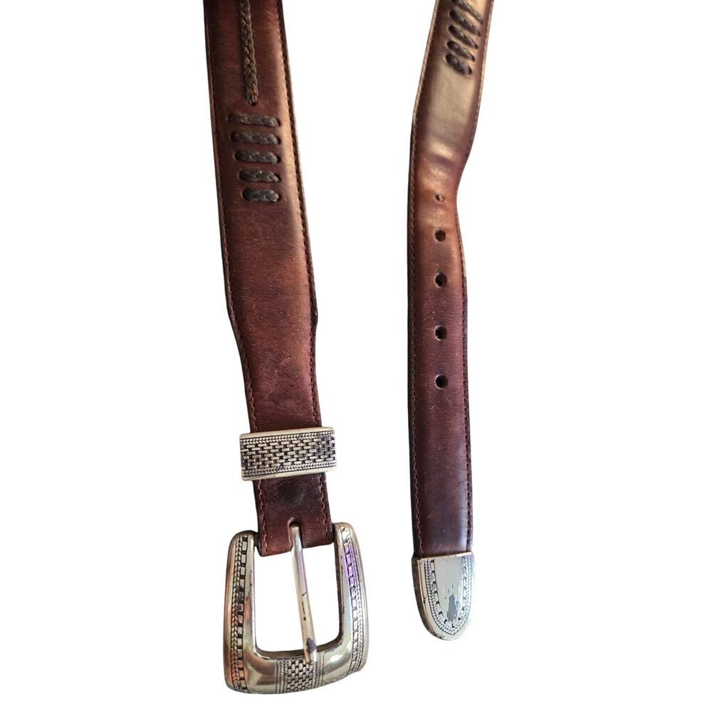 Vintage 90s Brighton Brown Leather Belt Silver Buckle Western Womens XL 40